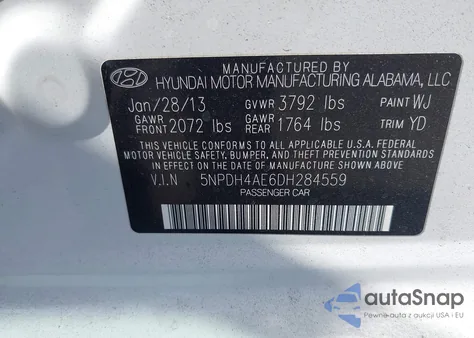 2013 Hyundai Elantra Gls from USA, damaged, VIN 5NPDH4AE6DH284559